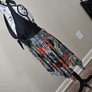 Tropical Halter Swimdress V Neck Bowknot Bathing Suit Flowing Gauze Top XL